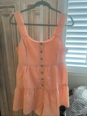She + Sky Peach and White Gingham Romper with Buttons Front